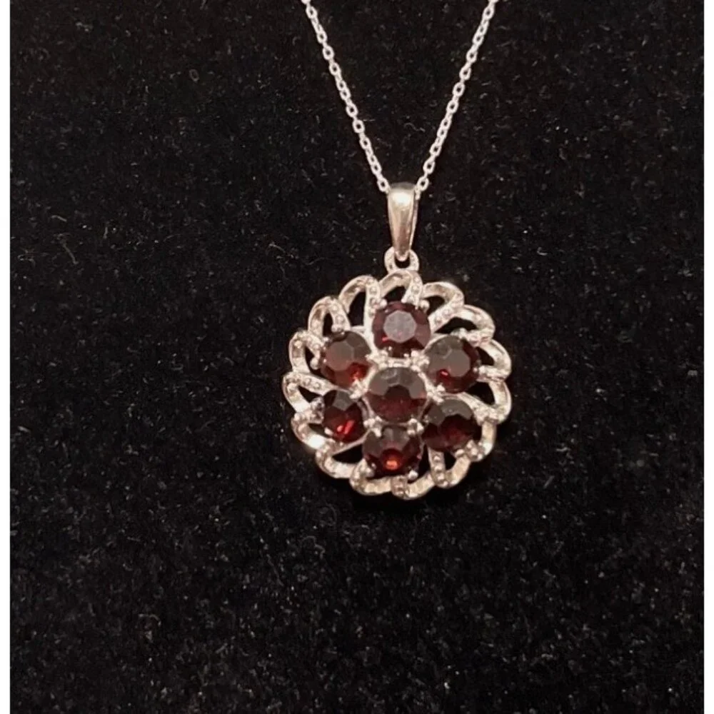 Karis Italy Red Crystal Floral Pendant Platinum Bond On Sterling Silver 18” Chai - Picture 2 of 8